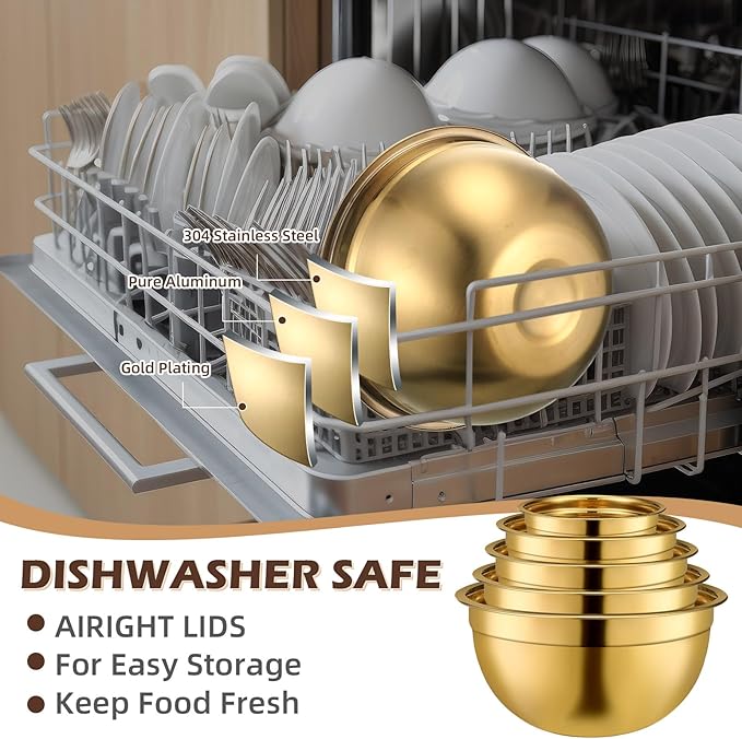Shellwei Gold Mixing Bowls with Airtight Lids 24 Pcs Stainless Steel Mixing Bowls Set Size 1, 1.5, 2, 3.6, 7QT, Measuring Cups Spoons Baking Utensils Bowl for Kitchen Baking Serving Food