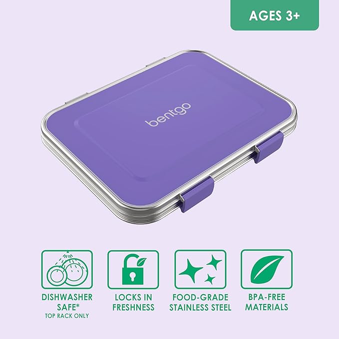Bentgo Kids Stainless Steel Leak-Resistant Lunch Box - 3-Compartments with Bonus Silicone Container, Durable, Eco-Friendly, Dishwasher Safe, BPA-Free, Ideal for School, Ages 3+ (Purple)
