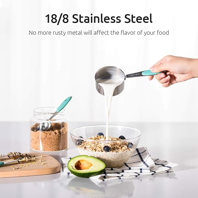 U-Taste 18/8 Stainless Steel Measuring Cups and Spoons (Set of 10, Aqua Sky), and 600ºF Heat Resistant Silicone Turners, 13.6in Long Solid & Slotted Kitchen Spatula (Aqua Sky)