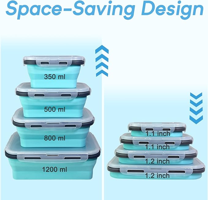 Guyuyii 4 Pack Collapsible Food Storage Containers – Silicone Leakproof Lids, Space-Saving for Home Kitchen Use, RV Accessories, Camping, Travel and Mobility – Microwave, Dishwasher, Freezer Safe