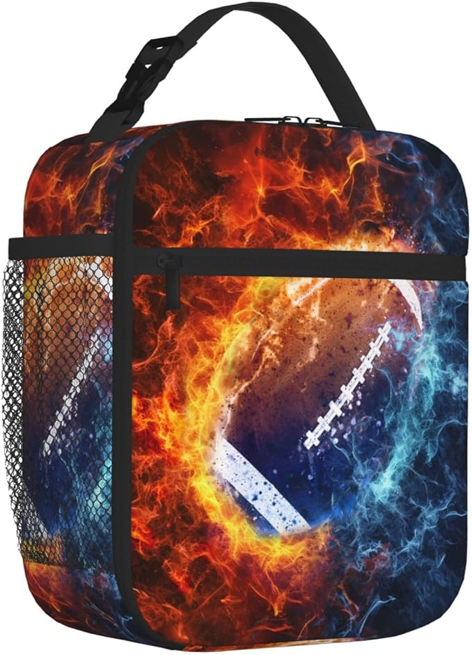 SARA NELL Colorful Fireball Football Lunch Box American Football Lunch Bag Insulated Reusable Portable Lunch Tote Cooler Bag for Women Men Teens Kids, Office Work School Travel Lunchbox