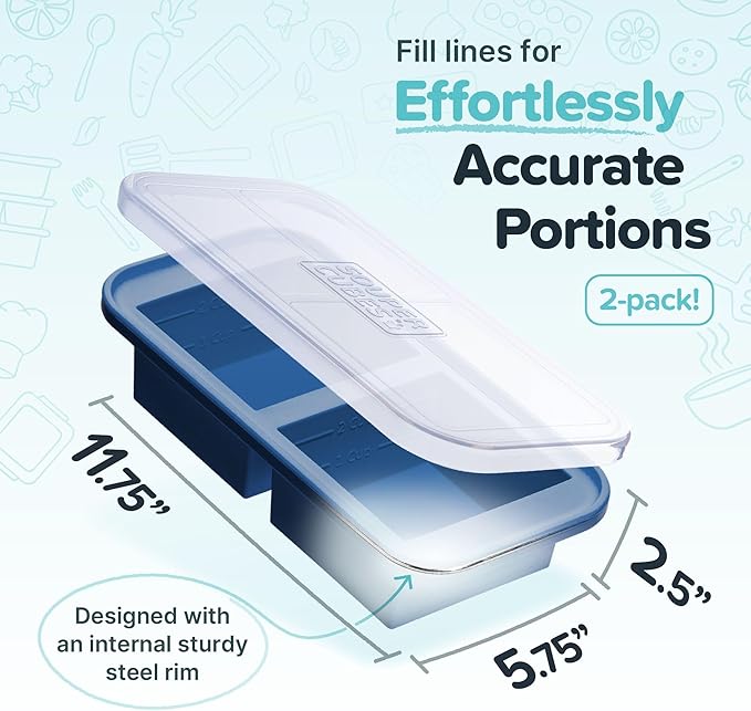 Souper Cubes 2 Cup Silicone Freezer Tray with Lids, Perfect for Storing Lasagna, Leftovers, Sauces, Portioned Meals and More, Silicone Soup Freezer Molds for Meal Prepping - Blueberry - 2-Pack