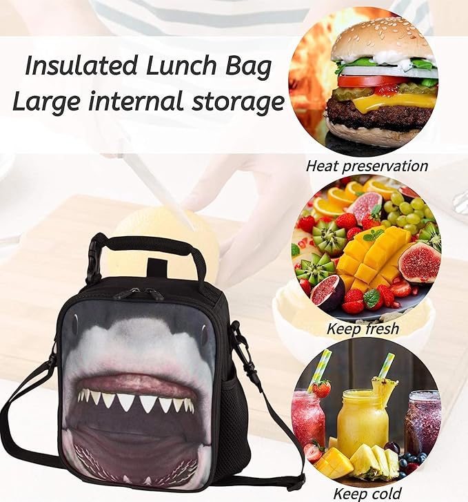 7-Mi KIds Insulated Lunch Bags For Food Children 3D Shark Lunch Tote Box Meals With Shoulder Adjustable Strap And Water Bottle Holder