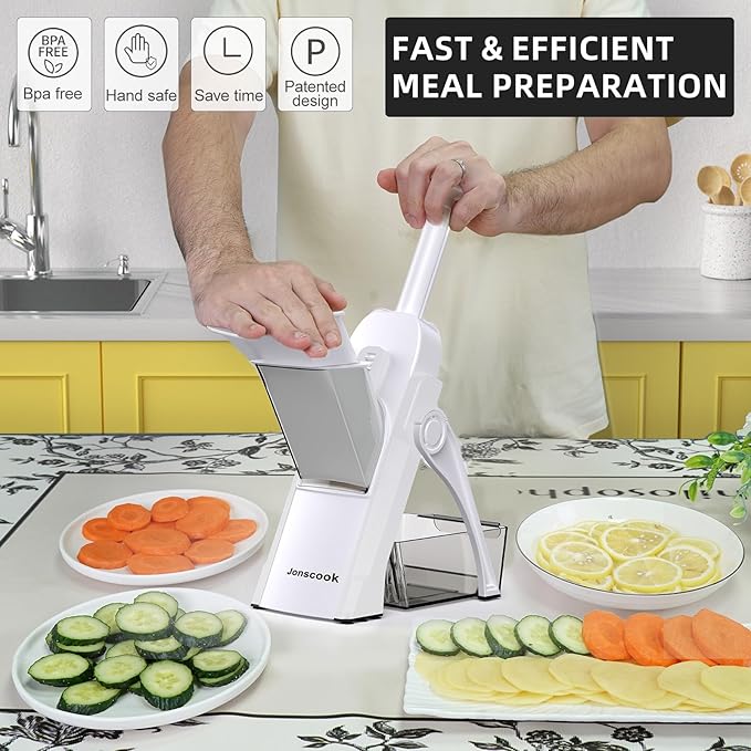 Safe Mandoline Slicer for Kitchen, Adjustable Thickness 0.1-8 mm, Professional Vegetable Slicer, Potato Slicer, Food Chopper French Fry Cutte, Mandolin, Slicer Vegetable Cutter (just Slice, White)