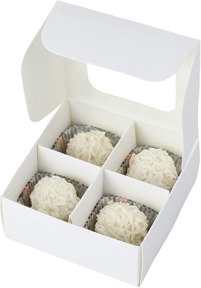 Treat boxes with window and dividers | 4 X-SMALL compartments | 3.5 x 3.5 x 1.57 in | Empty candy boxes for gift giving, truffle box - perfect for Valentine's Day | 20-pack (White)