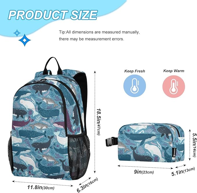 Marine Whales Kids Backpack for Girls Boys School Bookbag with Insulated Lunch Box for Elementary Students Middle School Teen Girls Backpacks