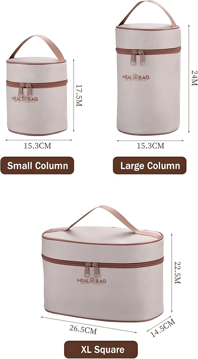 Stainless Steel Lunch Box, 3-Tier Insulated Bento Box Microwave Safe Soup Bowl for Adults, Thermal Food Container for Office Workers (Beige, 2pcs + Tableware + Insulated Bag)