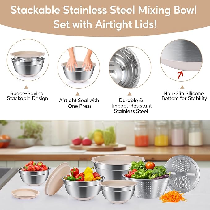 Stainless Steel Mixing Bowls with Lids - Nesting Bowl Set with Airtight Lids, Colander Bowl & Grater Plate for Kitchen Prep, Cooking, Baking, and Meal Prep (1.1QT to 6.1QT), Non-Slip, Khaki