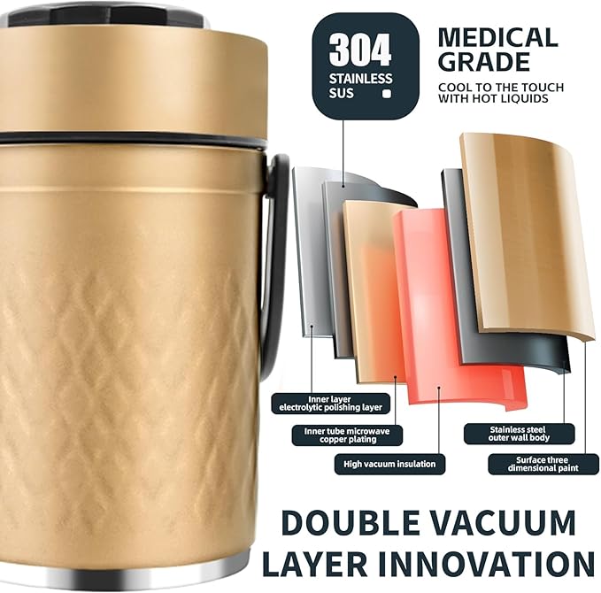 67oz Thermos for Hot Food, 3 Layered Stackable Insulated Lunch Box, Soup Thermos Jar Comes with an insulated bag, suitable for office lunches and outdoor dining, among other uses (Gold)