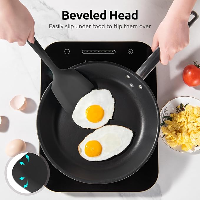18/8 Stainless Steel Measuring Spoons Set for Dry and Liquid Ingredients (Set of 6), and 600℉ Heat Proof Long & Wide Silicone Solid & Slotted Turner Set of 2 for Egg, Pancake (Black)