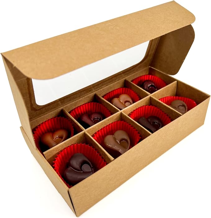 Treat boxes with window and dividers | 8 X-SMALL compartments | 6.75 x 3.5 x 1.57 in | Empty candy boxes for gift giving, truffle box - perfect for Valentine's Day | 10-pack (Kraft)