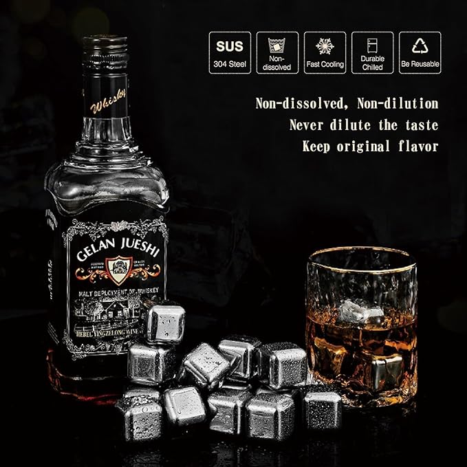 16 Pack Reusable Stainless Steel Ice Cubes for Drinks - Metal Whiskey Stones, High Cooling Technology, for Whiskey, Vodka, Liqueurs, Wine, Beverage Juice or Soda, Pack of 16