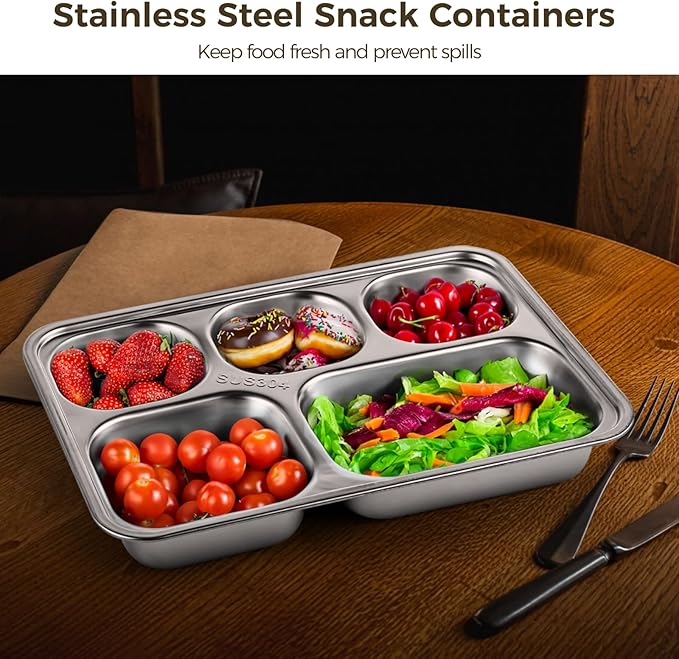 3 Pack Stainless Steel Snack Containers with Lids, 5-Compartment Reusable Meal Prep Lunch Trays with PP Lids, Divided Food Storage Container for Cafeteria Restaurant Travel, 10.2 in x 7.1 in x 1.6 in