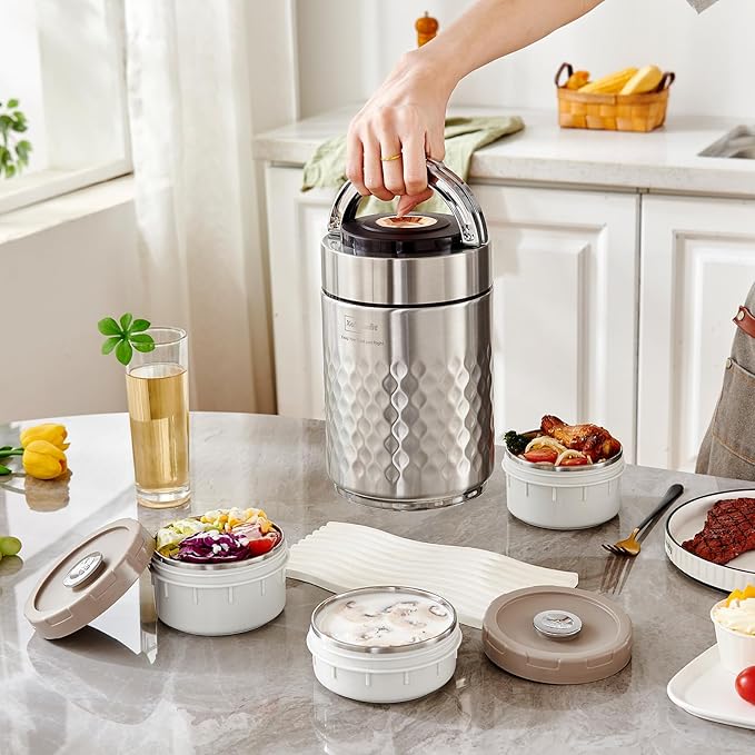 67 oz Adults Stainless Steel Vacuum Insulated Wide Mouth Soup Food Thermos Hot Food Jar with Keep Thermal Portable 3 Tier Stackable Bento Hot Food Containers Lunch Boxes (Silver)