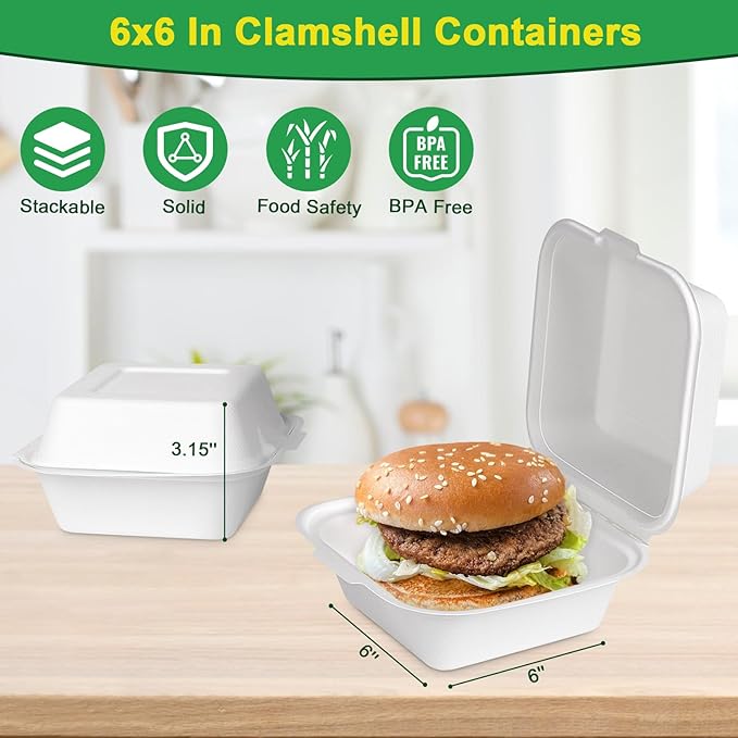 6x6 Clamshell Take Out Containers, 100 Pack To Go Boxes, Compostable To Go Food Containers, Heavy-Duty Take Out Boxes Made Of Sugar Cane Fibers