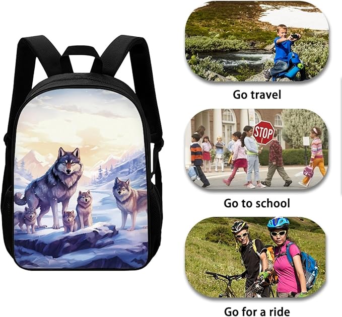Dolyues Wolf Pattern Bookbag Backpacks Casual Daypack with Lunch Bag Pencil Case Set 3 Piece Backpack Set for Pre-School Girls & Boys Cool Kids 17" School Bag