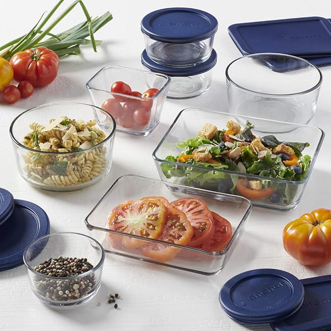 Anchor Hocking 16 Piece Glass Storage Containers with Lids (8 Glass Food Storage Containers & 8 Navy Blue SnugFit Lids)