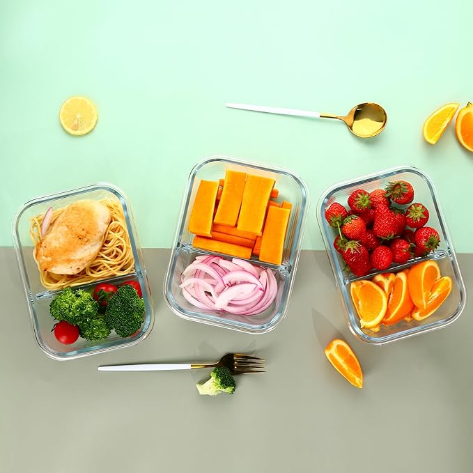 Glass Meal Prep Containers 2 Compartment with Lids (5 Pack, 36oz), Divided Glass Storage Containers for Lunch at Work, Leak-Proof Portion Control Food Containers, Microwave / Dishwasher Safe