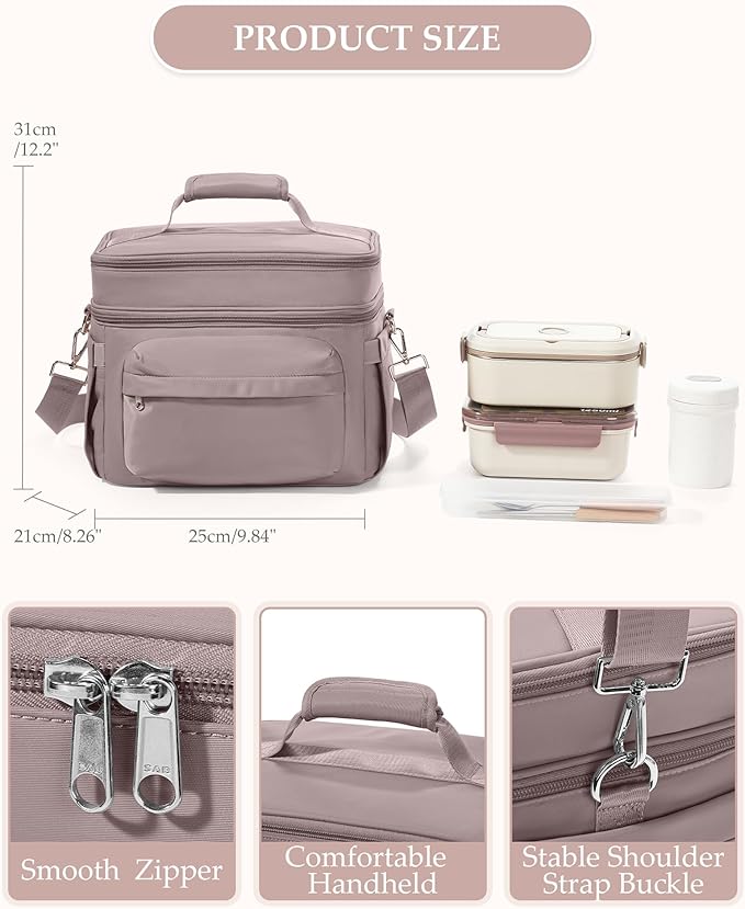 Lunch Box Women Insulated Lunch Bag Men Expandable Waterproof Leakproof Lunch Boxes Large Lunch Tote Cooler Bag for Work with Water Bottle Holder Pink Purple