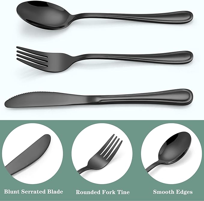 LIANYU 12-Piece Black Kids Silverware Set, Stainless Steel Toddler Utensils Flatware Set, Child Cutlery Tableware for 4, Include knife Fork Spoon, Mirror Finished, Dishwasher Safe