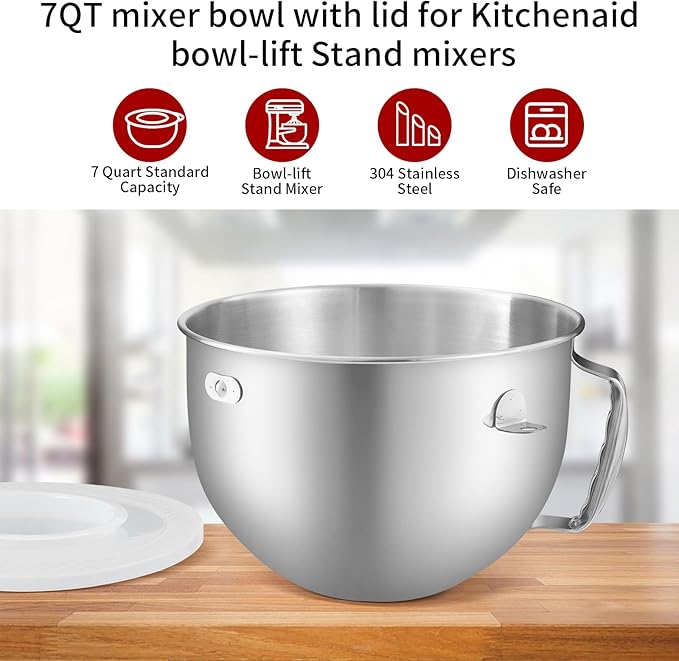 7QT Stainless Steel Mixer Bowl Compatible with Kitchenaid Stand Mixers, 7QT Mixing Bowl for Kitchen Aid Lift with Handle and Lid, Dishwasher Safe