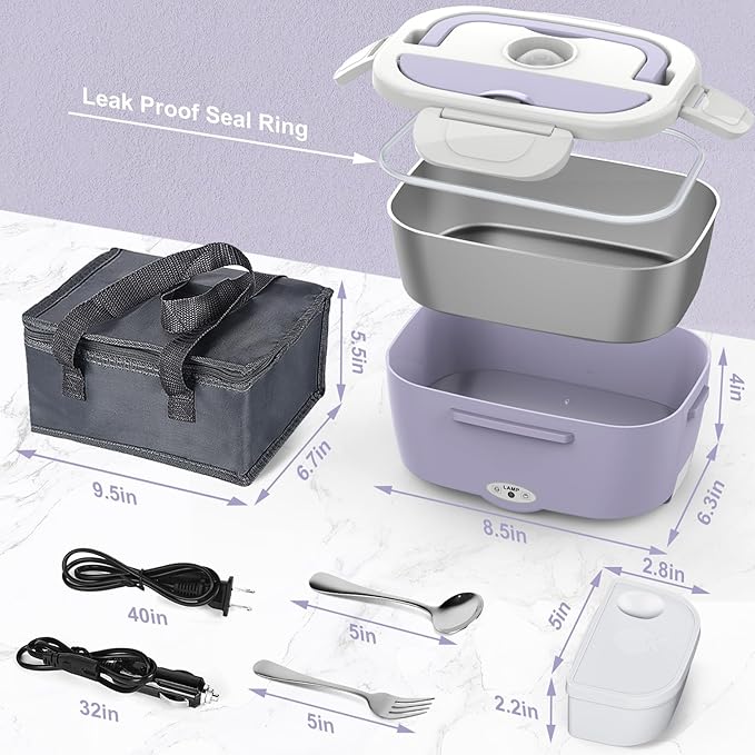 Purple Electric Lunch Box Food Heater, 60W-80W Heated Lunch Box for Woman, 12V 24V 110V Portable Food Warmer Lunchbox for Car Truck Work with Removable 304 SS Container, Christmas Gift