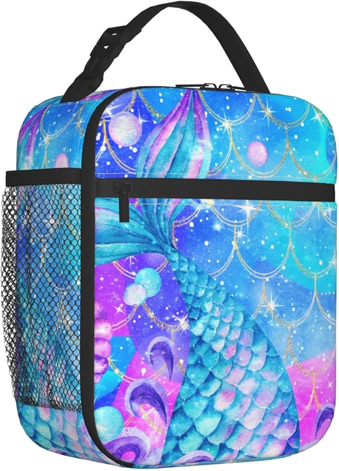 YETTA YANG Mermaid Tail Galaxy Blue Colorful Portable Lunch Bag Insulated Lunch Box Reusable Totes For Women Men Work Picnic Camping