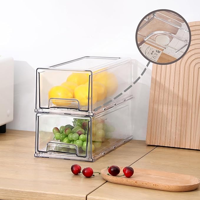 PeJeyiee 2 Pack Clear Stackable Refrigerator Organizers and Storage Drawers - Pull-Out Fridge Bins with Anti-Slip Base & Easy Clean, Plastic Organizers for Kitchen Pantry Cabinet Closet (Medium)