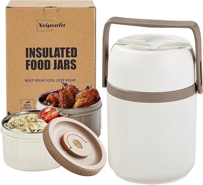 51 oz Adults Vacuum Insulated Wide Mouth Soup Food Thermos Hot Food Jar with Keep Thermal Portable 2 Tier Stackable Bento Hot Food Containers Lunch Boxes (White, 51)