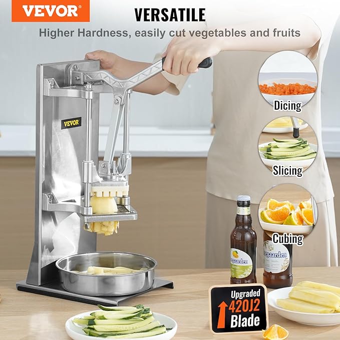 VEVOR Commercial French Fry Cutter with 4 Replacement Blades, 1/4 and 3/8 Blade Easy Dicer Chopper, 6-wedge Slicer and 6-wedge Apple Corer, Lemon Potato Cutter for French Fries with Extended Handle