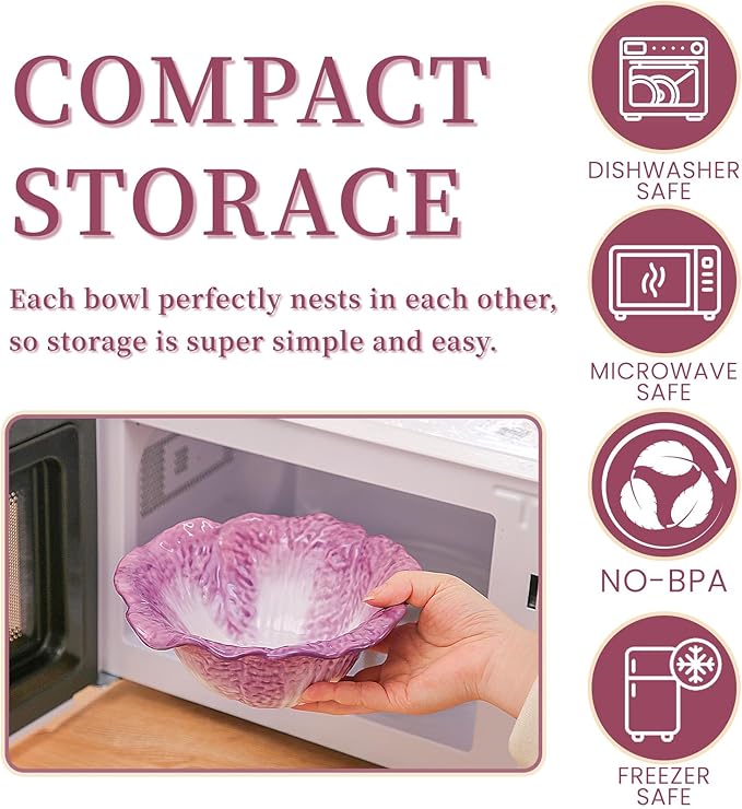 KXZ Purple Cabbage ramen Bowl -16 oz pasta bowl, dishwasher and microwave safe, perfect for salads, party fruit bowls, ceramic pho soup bowls