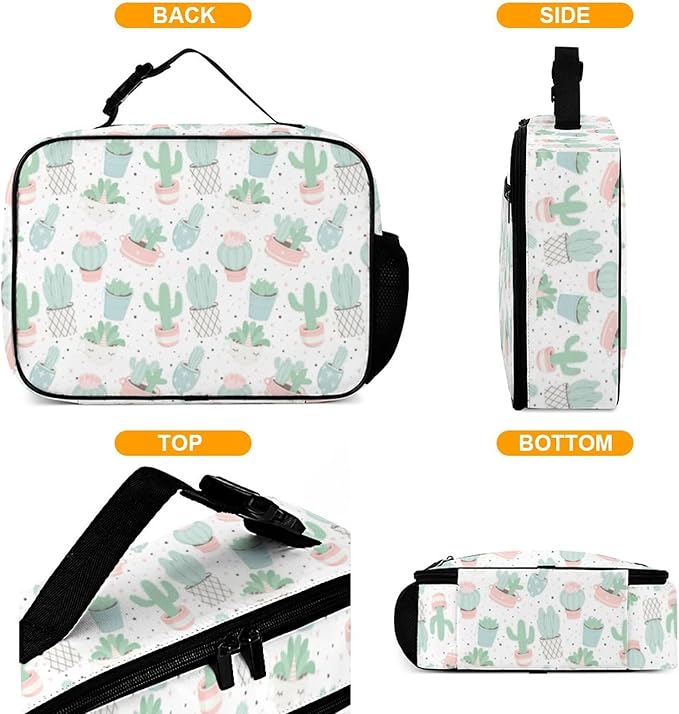 Cute Cacti Succulents Reusable Lunch Box Insulated Lunch Bag Cooler Bag Lunchbox Meal Food Container Tote Bag for Women Kids Girls School Camping Hiking Picnic Beach Travel
