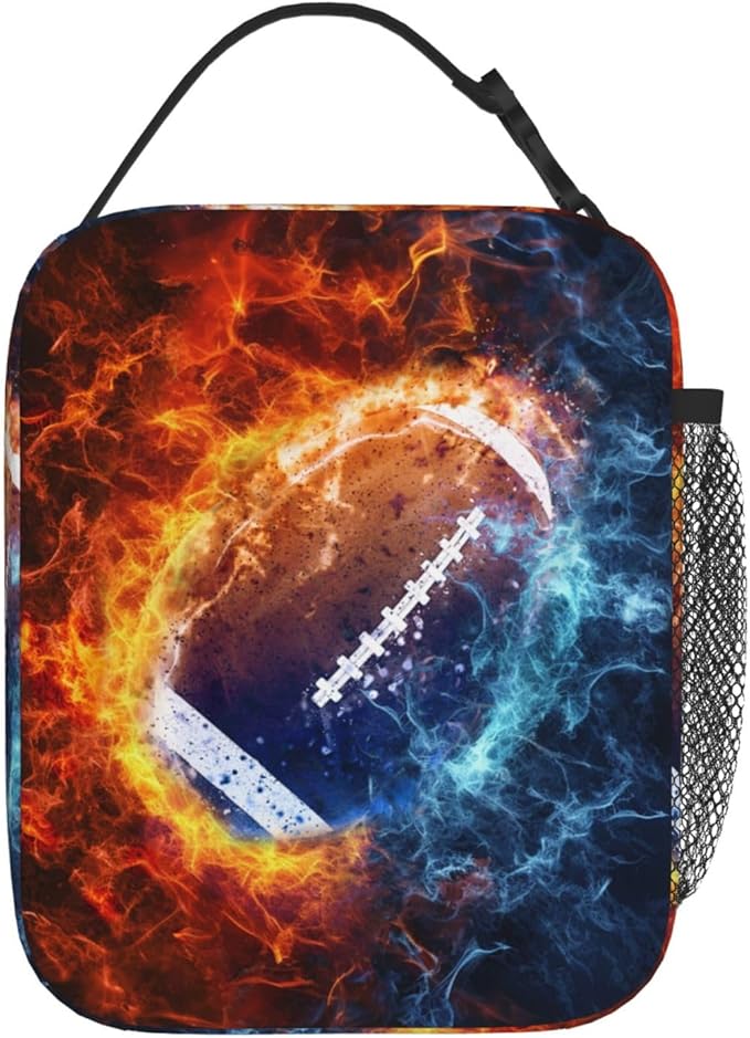 SARA NELL Colorful Fireball Football Lunch Box American Football Lunch Bag Insulated Reusable Portable Lunch Tote Cooler Bag for Women Men Teens Kids, Office Work School Travel Lunchbox