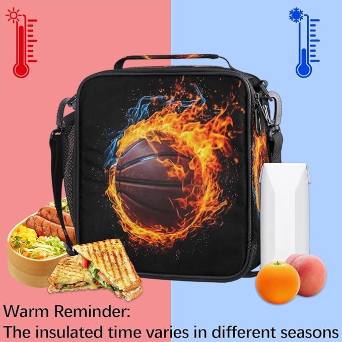 Lunch Box for Kids Boys Girls Sports Basketball Fire Kids Lunch Bag Insulated Lunch Bag Tote with Adjustable Shoulder Strap Teens Lunchbox Cooler School Picnic