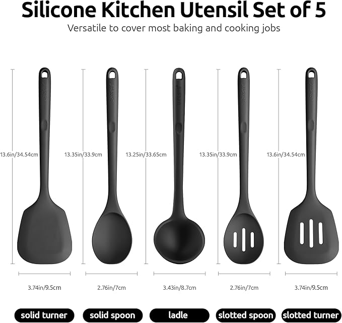 18/8 Stainless Steel Measuring Spoons Set for Dry and Liquid Ingredients (Set of 6), and 600℉ Heat Proof BPA-Free Solid/Slotted Sturdy Cooking Utensil Set of 5 for Non Stick Cookware, Black