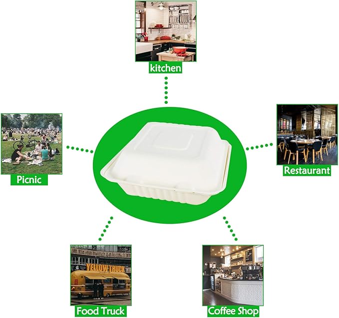 Green Earth 8-Inch, 200-Count, 1-Compartment, Compostable Clamshell, Natural Bagasse (Sugarcane Fiber), Take-Out/to-Go Boxes - Microwave-Safe
