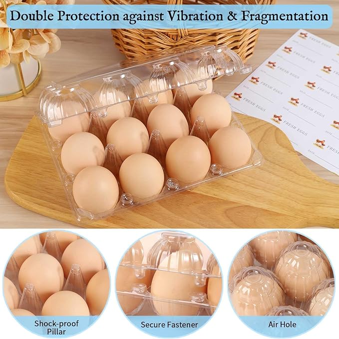 60 Packs Egg Cartons, Egg Cartons Cheap Bulk, Eggs 12 Count Clear Plastic Egg Containers for Chicken Farm, Reusable Egg Tray Holder for Family Refrigerator Storage, Market, Camping with Sticker Labels