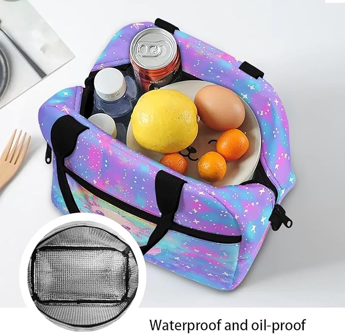 Showudesigns Rainbow Axolotl Lunch Bag for Women Galaxy Lunch Box Girls 6-8 8-10 10-12 Cooler Bag Reusable Lunch Tote Box With Front Pocket Thermal Meal Organizer Bento Box