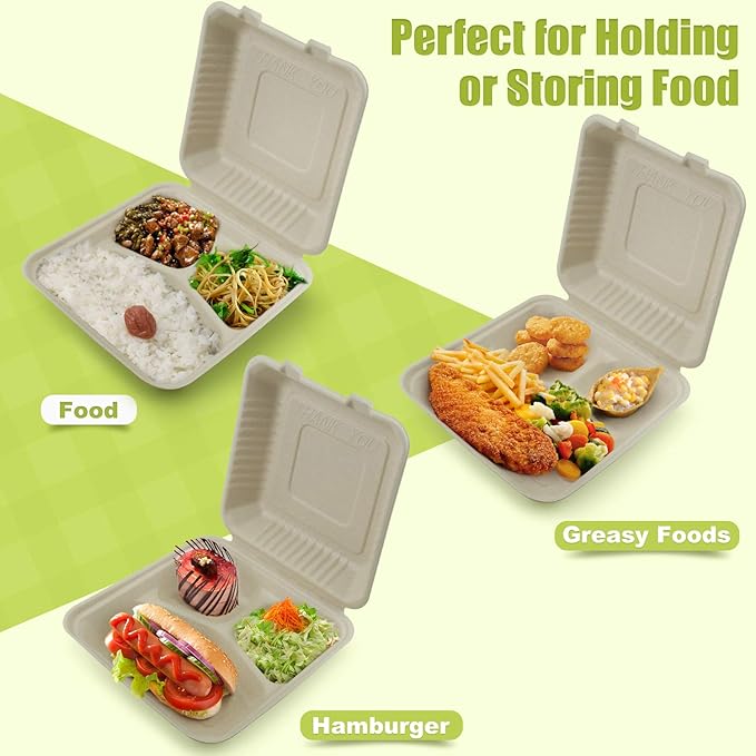 Green Earth, 9-inch, 50-Count, 3-Compartment, Compostable Clamshell, BAM Ware (Bamboo Fiber), Take-Out/to-Go Food Boxes - Biodegradable Containers, Hinged Lid Microwave-Safe Gluten-Free