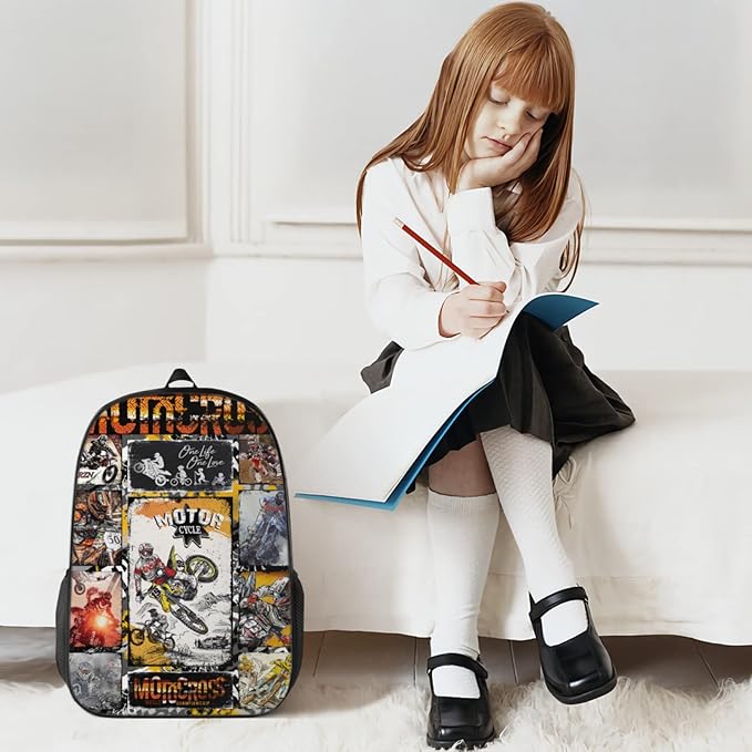 Motorcycle Backpacks - Dirt Bike Backpack Bundle 3 Pieces for Teens, Boys and Girls Motocross For Kids Includes Bookbags Insulated Lunch Bag and Pencil Case Perfect for School and Everyday Use