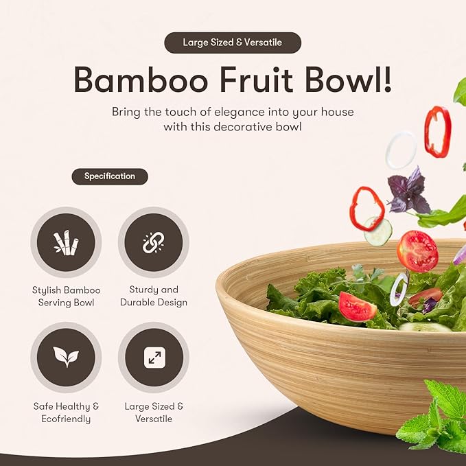 LEXA 12" Handmade Natural Bamboo Wooden Salad Bowl - 130 oz Lightweight Large Wooden Bowls for Food - Bamboo Wooden Fruit Bowl for Kitchen Counter, Wood Bowls for food - Wooden Serving Bowl for Snacks