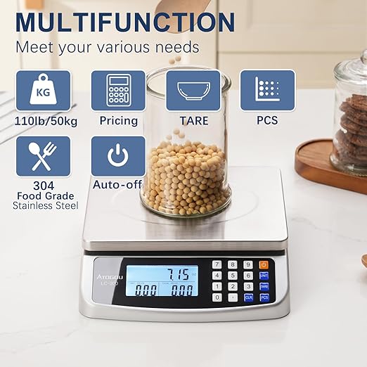 110lb/50kg Commercial Digital Kitchen Scale 0.05oz/1g with Price Computing, 304 Stainless Steel Scale, AA Battery or Plug-in Use and LCD Display for Baking, Cooking Meat, Counting Coins LC300