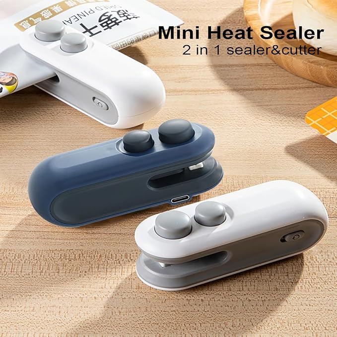 Mini Bag Sealer 2 Pack Bag Sealer with Cutter and Magnet 2 in 1 Mini Bag Resealer Machine Portable Handheld Rechargeable Heat Vacuum Food Sealer for Plastic Bags Snacks & Food Storage (2, blue)