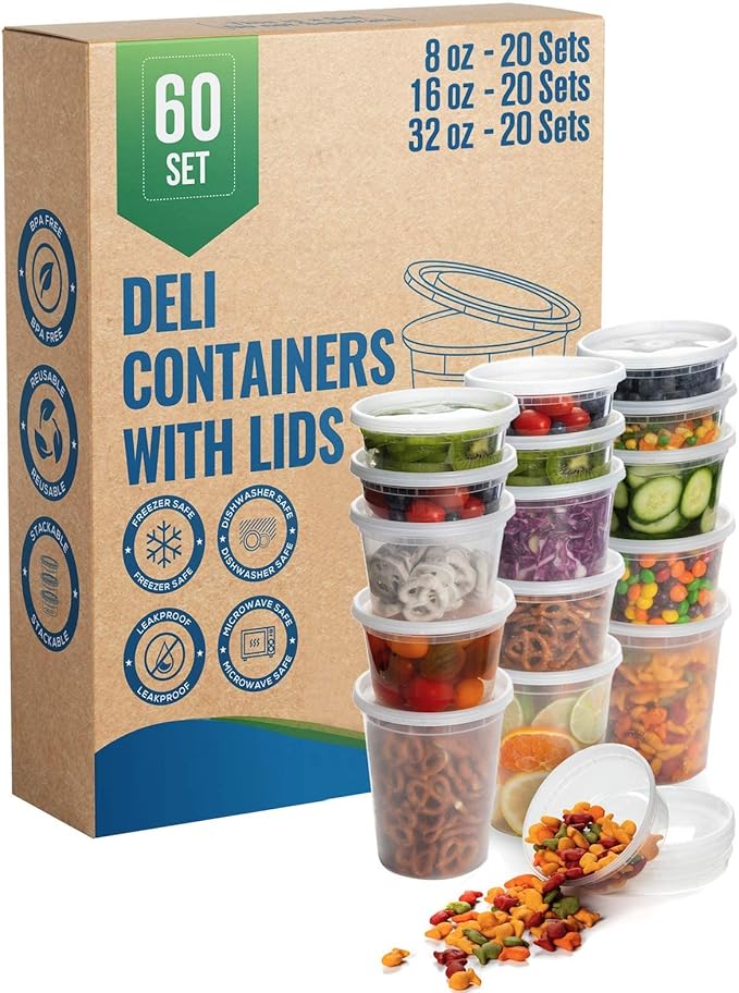 Deli Containers with Airtight Lids - 60 Piece Set (8oz, 16oz, 32oz) Perfect for Slime, Portion Control, Microwavable, Dishwasher, Freezer Safe, Leakproof, Stackable