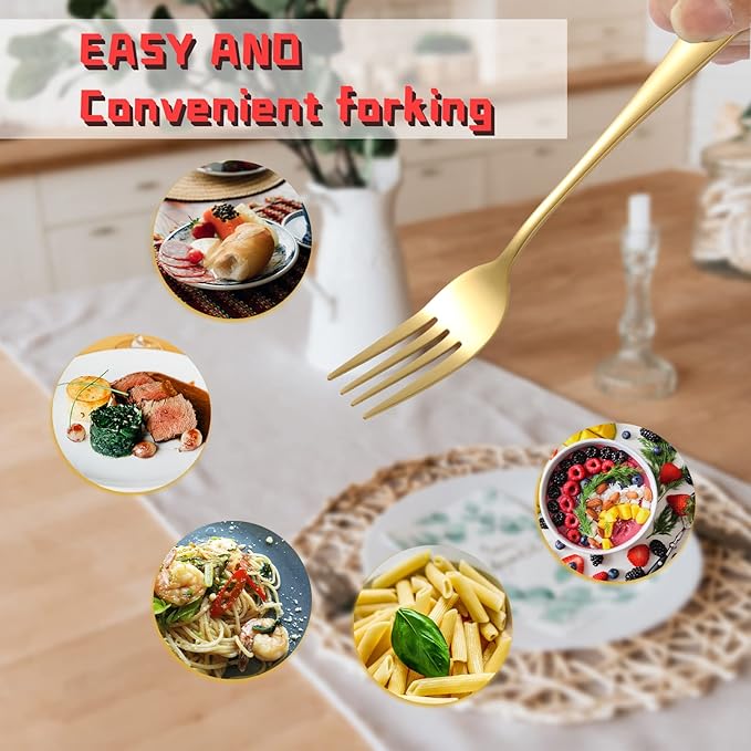 Gold Spoons and Forks Silverware Set, KITWARE 12 Pieces Stylist Colored Stainless Steel Flatware Cutlery Service for 6, Home Kitchen Utensil Sets for Restaurant, hotel, travel, outdoor, BBQ