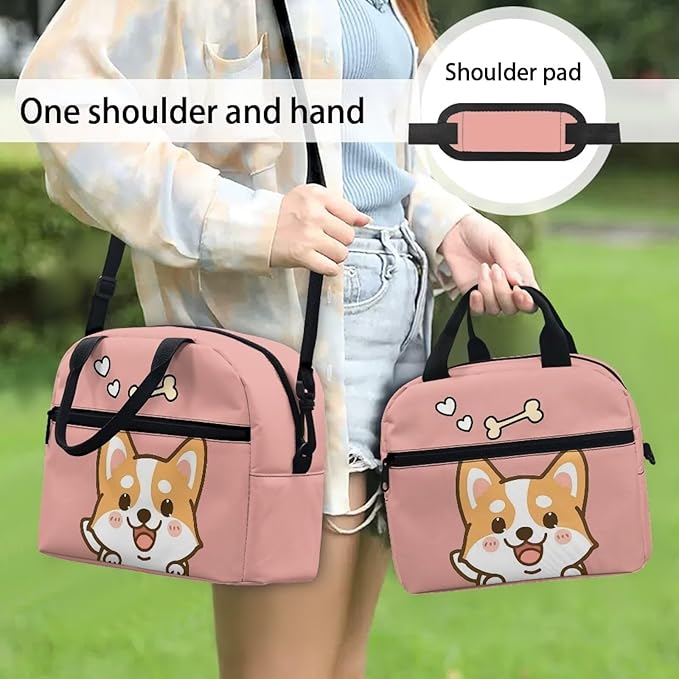 Showudesigns Cute Corgi Lunch Bags for Girls 8-10 10-12 Insulated Lunch Box Travel Bag Picnic Container Thermal Meal Tote Kit With Thick Handle Crossbody Bag Lunchbox Bento Pink