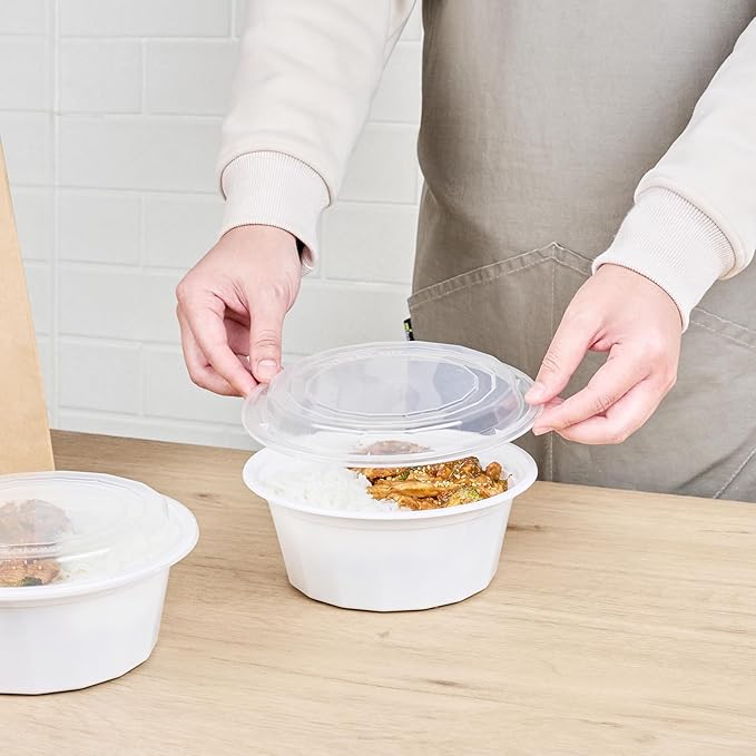 Restaurantware Asporto 32 Ounce To Go Boxes 100 Microwavable Take Out Food Containers - Clear Plastic Lids Included Do Not Contain BPA White Plastic Catering Food Containers Disposable Round