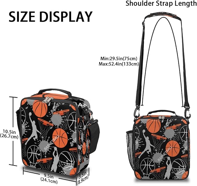 Basketball Kids Lunch Box Basketball Sport Insulated Lunch Bag Tote for Girls Boys, Cooler Freezable Meal Prep Bag with Shoulder Strap Waterproof Lunch Container for School Office Picnic