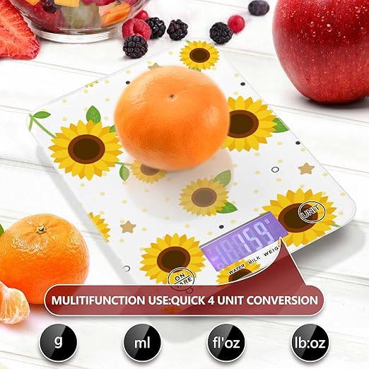 Food Scale Kitchen Digital Scale Food Ounces and Grams Dieting Baking Cooking Waterproof Glass Panels LCD Display,4 Units Scale Tare Function Sunflower