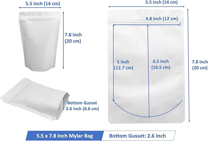 100 Pack Matte White Mylar Stand Up Bags - 5.5x7.8 Inches Resealable Smell Proof Packaging Pouch, Sealable Foil Zipper Bag for Food Storage, Sample Pouches